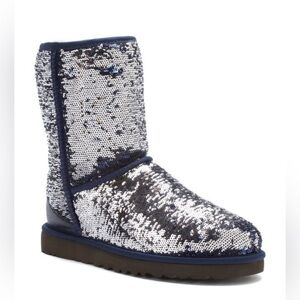 Ugg Short Stellar Sequin Boots Size 6 Silver Red Blue Sparkle Statement Rare